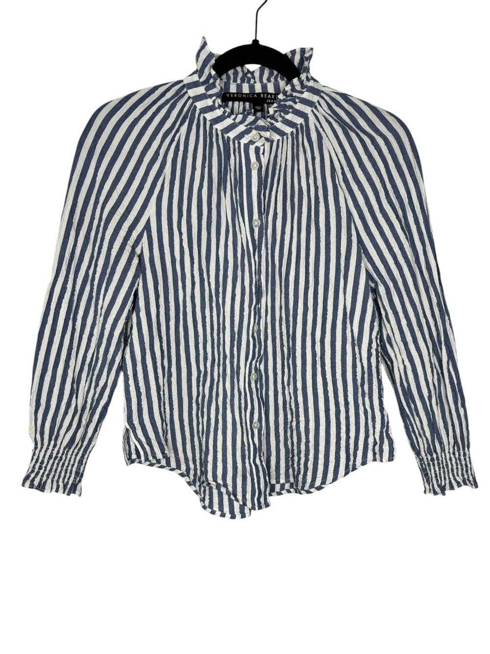 Veronica Beard Preppy Calisto Striped Button-Up Shirt with Ruffle Collar
